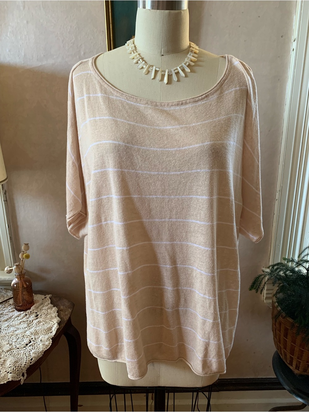 Max Studio Linen Blend Cream and White Striped Scoop Neck Knit Top